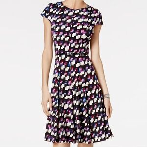 JESSICA Howard Midi Black Belted Geometric-Print A-Line Dress Size 10P